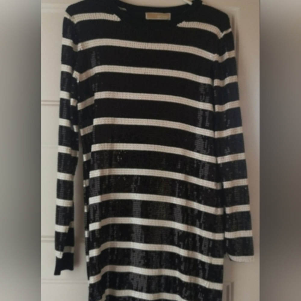 Michael Kors Black and White Striped Sequin Dress